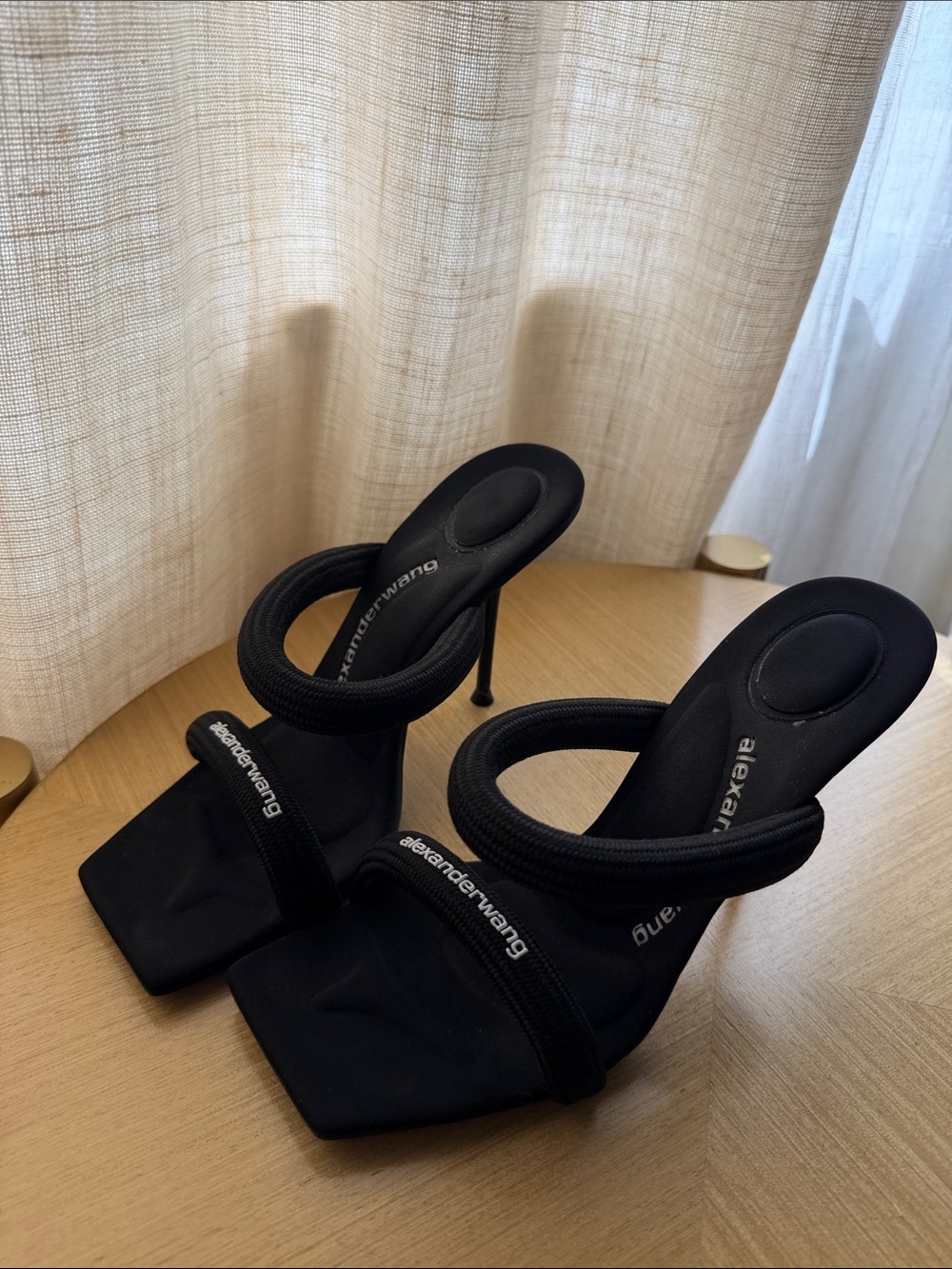 Alexander Wang Julie Tubular Webbing Sandal Black Padded Loop-Strap Mules - Picture 5 of 7